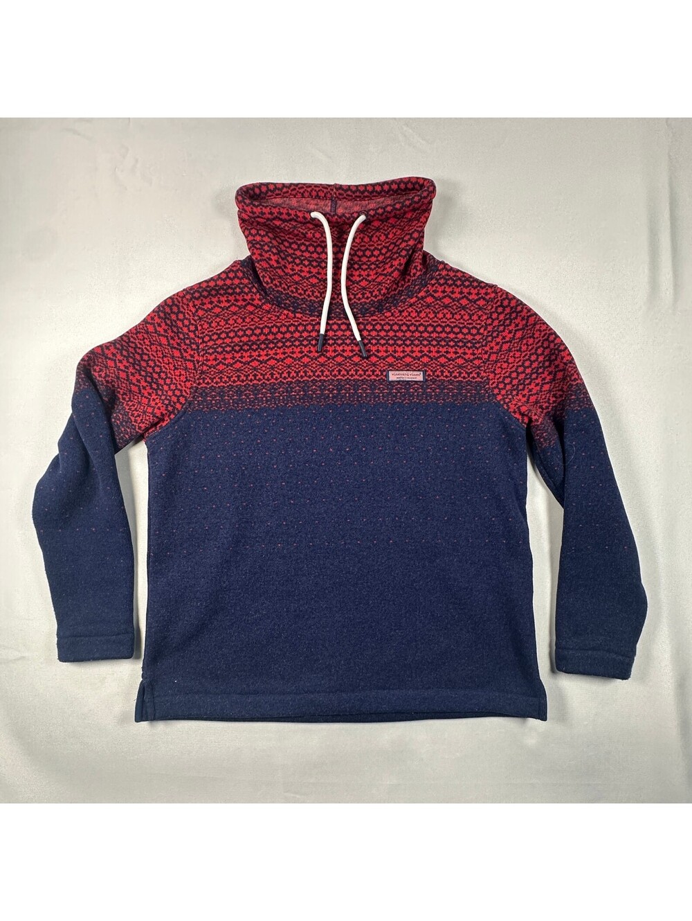 Vineyard Vines Fair Isle Fleece Pullover Womens S Navy Red Funnel Neck Sweater